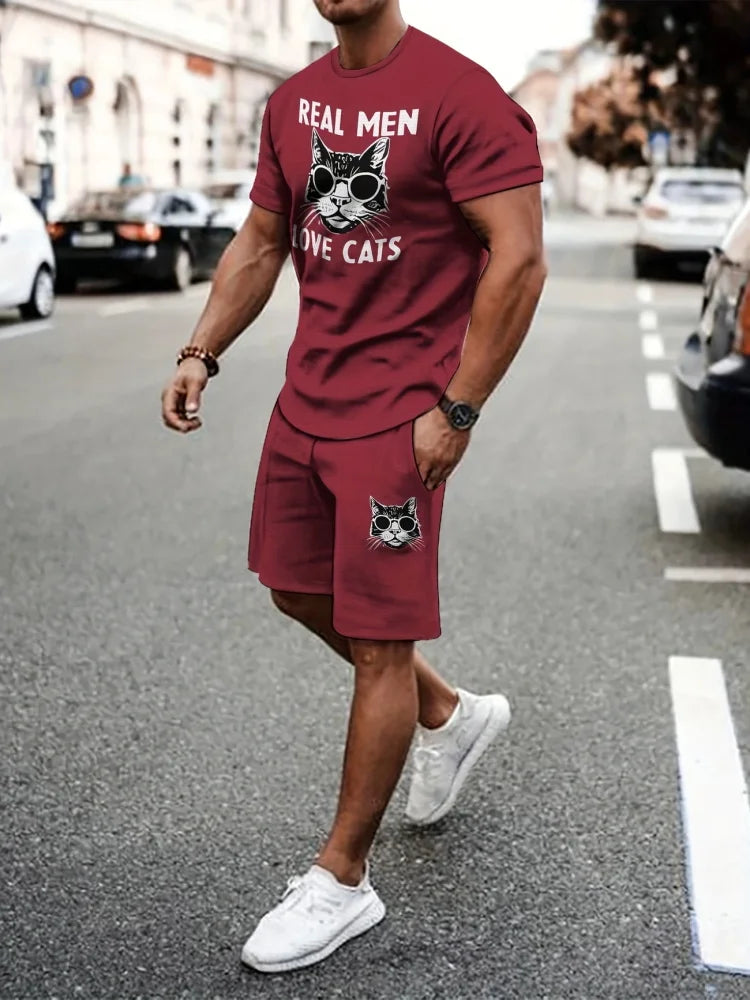Herren Sommer Kurzarm-Set Hip-Hop Cartoon Bären-Print Kurzarm-Oberteil Shorts Lässiger Zweiteiler Outdoor Urban Street Fashion