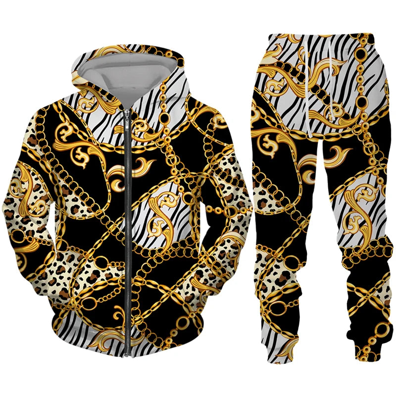 Luxury Golden Pattern 3D Print Men's Zipper Tracksuit Set Casual Hoodie+Pants 2pcs Sets Oversized Sweatshirt Fashion Men Clothes