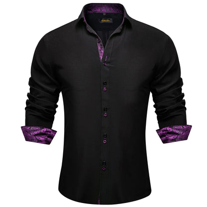 Men's Casual Long Sleeve Shirt with Inner Paisley Contrast Pattern Elegant Turn Down Collar Dress Shirt for Business Date Tops