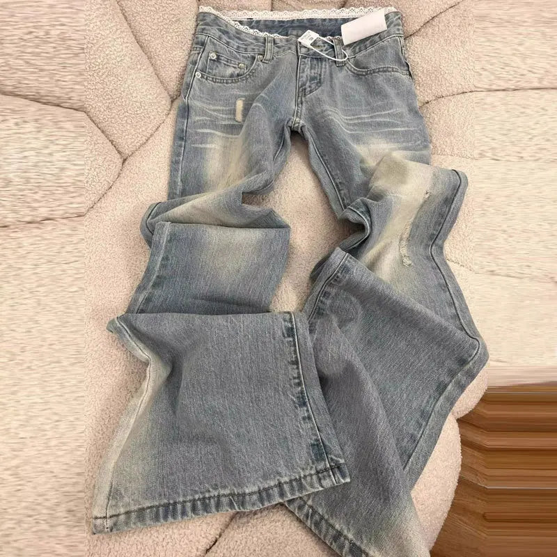 Light Wash Flared Jeans for Women Plus Size Lace Low Rise Floor Length Slim Fit Bell Bottom Pants Trendy Design for Curvy Ladies