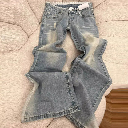 Light Wash Flared Jeans for Women Plus Size Lace Low Rise Floor Length Slim Fit Bell Bottom Pants Trendy Design for Curvy Ladies