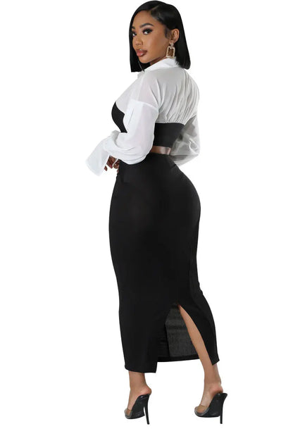 CM.YAYA Womens Two 2 Piece Sets Full Sleeve Shirt and Split Long Skirt Suit  Fall Streetwear Sexy Night Club Party Outfits