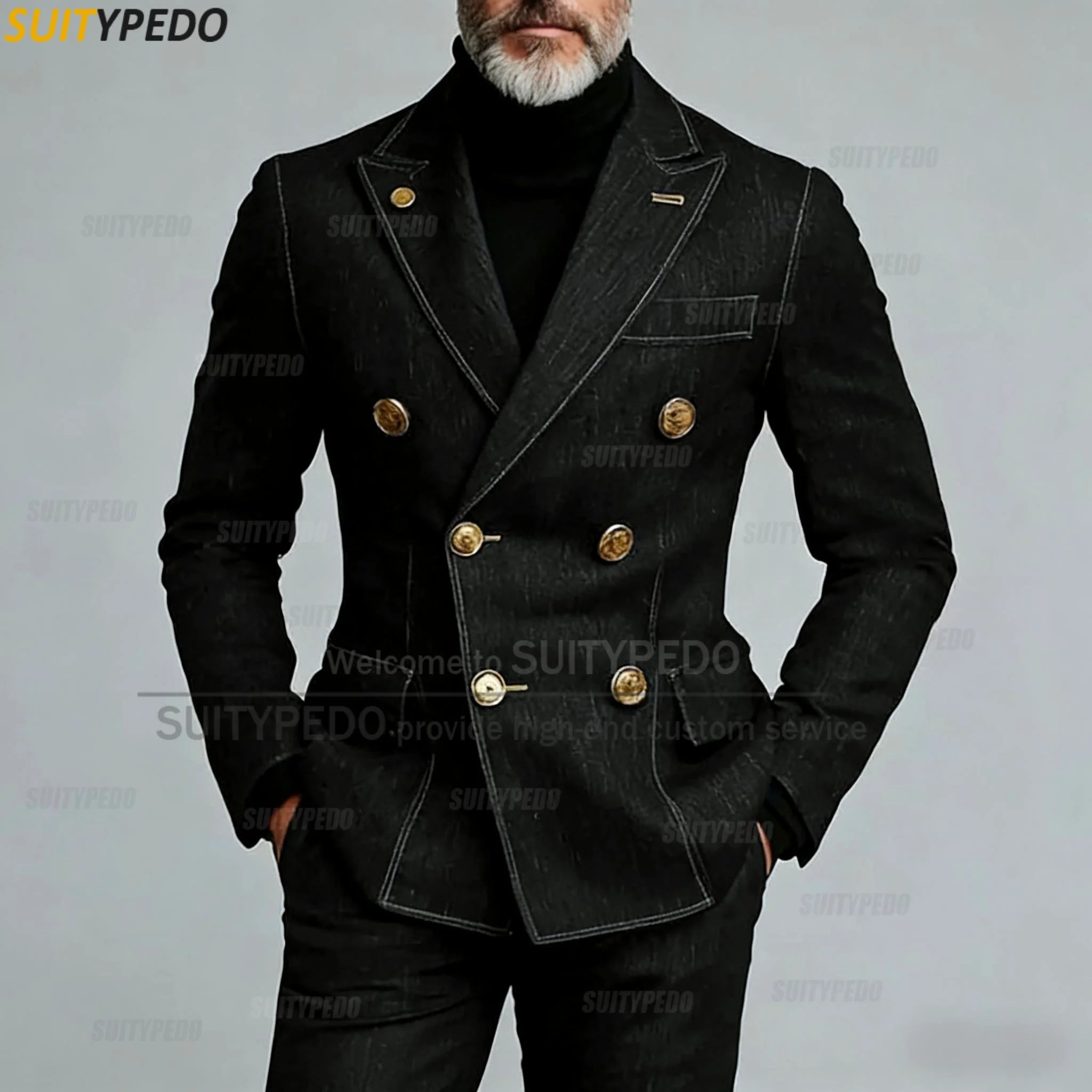 New Fashion Denim Men's Suit Classic Double Breasted Peak Lapel  Hommes Costumes 2 Pieces Blazer And Pants Sets Suit Attires
