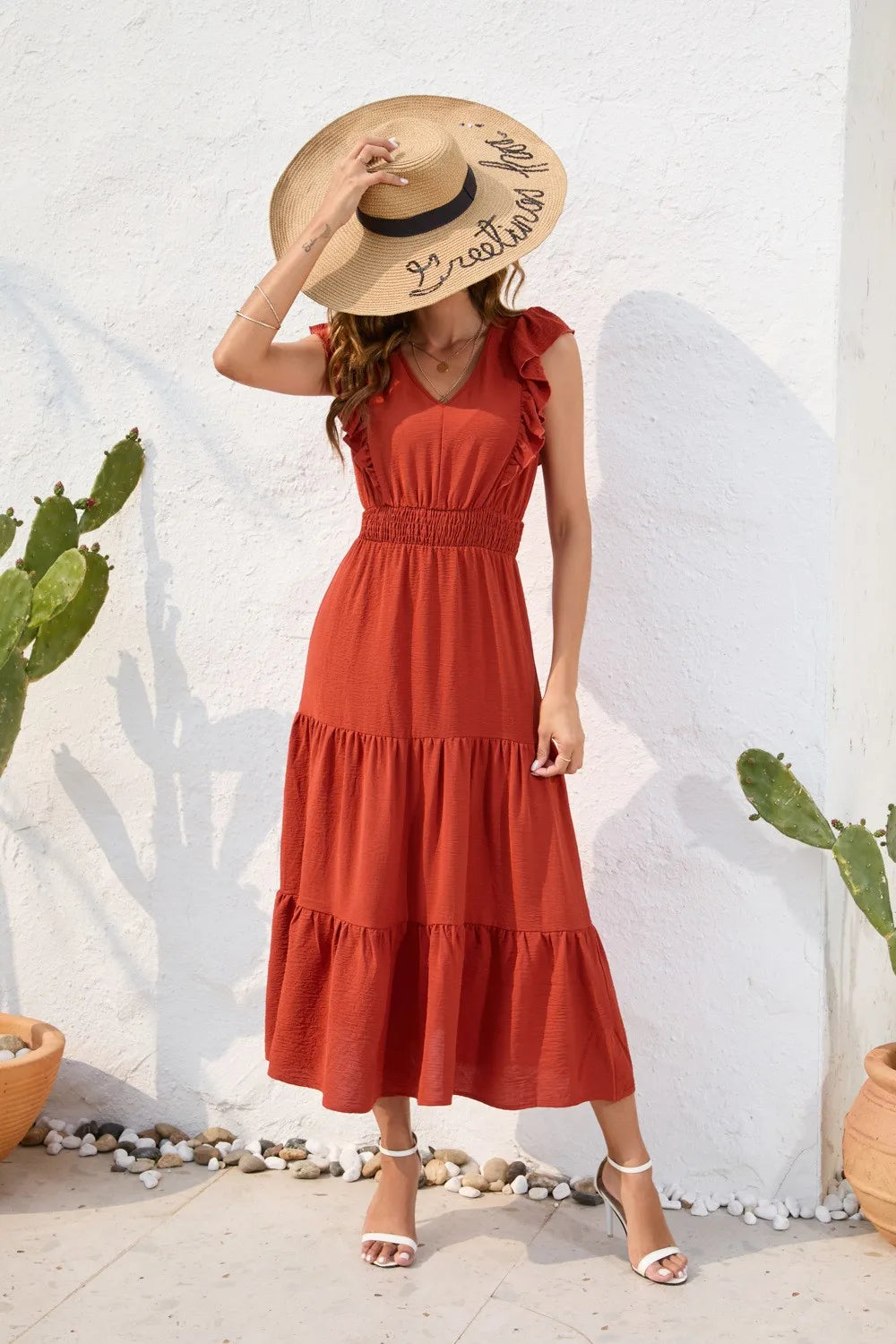 Summer Woman Dress V Neck Sleeveless Red Dresses High Waist A Line Green Maxi Dress Tiered Skirt Boho Black Casual Dress