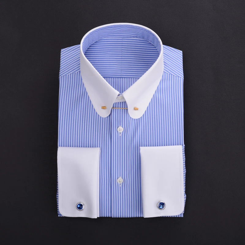 Pinhole collar empire collar patchwork collar French cuffs men's shirt manager business 100% cotton stripe custom shirt for men