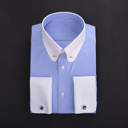 Pinhole collar empire collar patchwork collar French cuffs men's shirt manager business 100% cotton stripe custom shirt for men