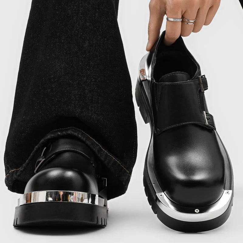 Men Fashion Paris Derby Shoes Punk Style Metal Big Head Double Breasted Decoration New Thick Bottom Height Increase Men's Dress Shoes