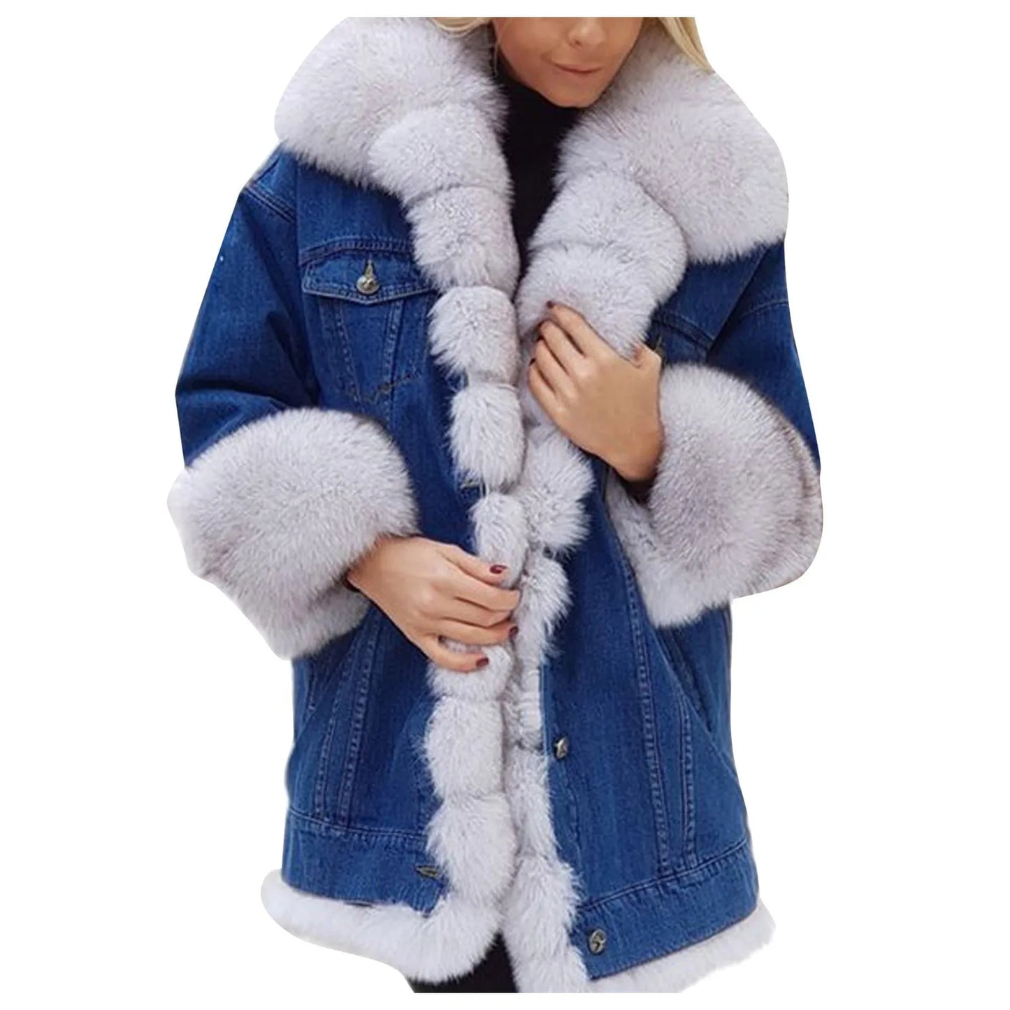 Fashion faux fur coat Autumn and winter Women's long-sleeved leather fur denim Medium coat Splicing Fleece Jackets Warm Overcoat