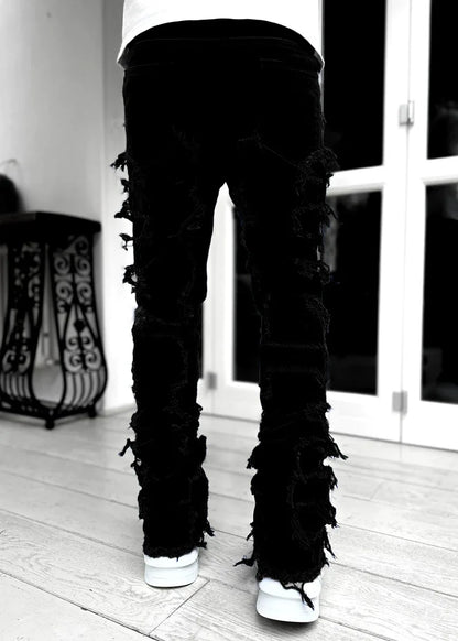 New Fashion Stretch Jeans Man Stacked Jeans Elastic Waist Straight Fit Patchworks Denim Long Pants Fringe Ripped Jeans For Men