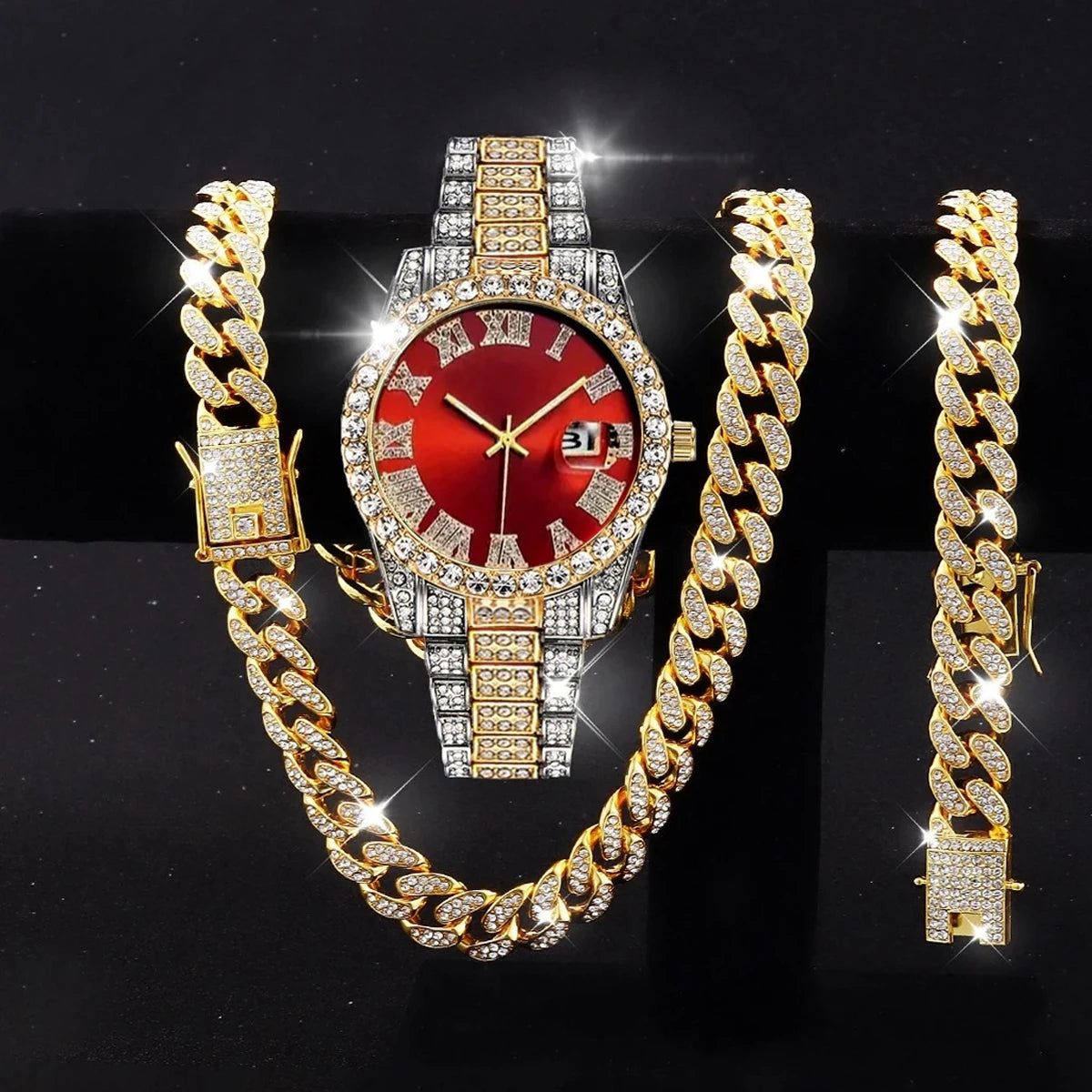 3PCS/Set Luxury Diamond Men's Watches Fashion Roma Dial Stainless Steel Band Quartz Watch Jewelry Set Reloj Hombre（Without Box）