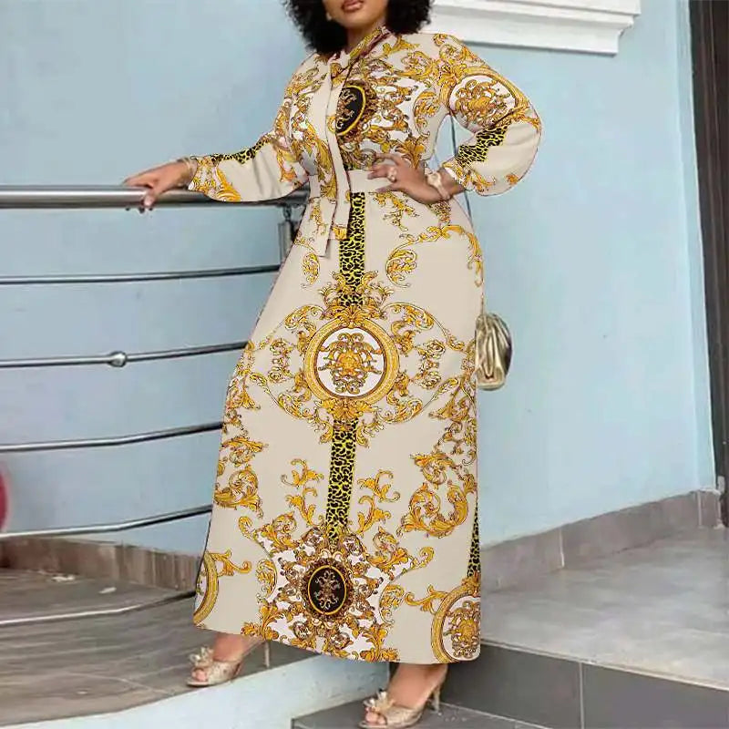 VONDA Maxi Dress 2024 Summer Women Bohemian Printed Party Sundress Long Sleeve Stand Collar Casual Robe Holiday Vestidos Belted