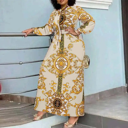 VONDA Maxi Dress  Summer Women Bohemian Printed Party Sundress Long Sleeve Stand Collar Casual Robe Holiday Vestidos Belted