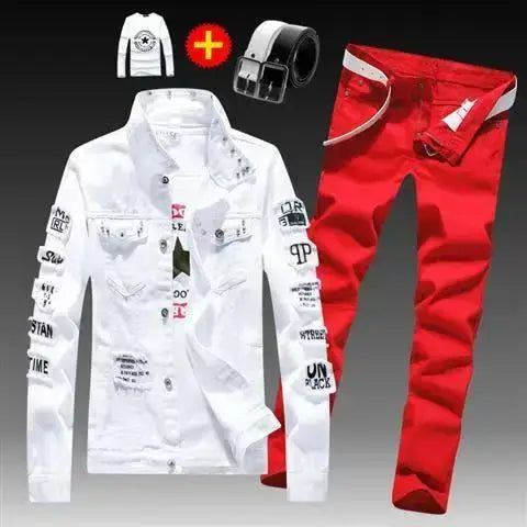 Frühling Herbst Herren Jeansjacke + Jeanshosen Set Mode Einreiher Mantel Hose Zweiteiliger Denim-Anzug