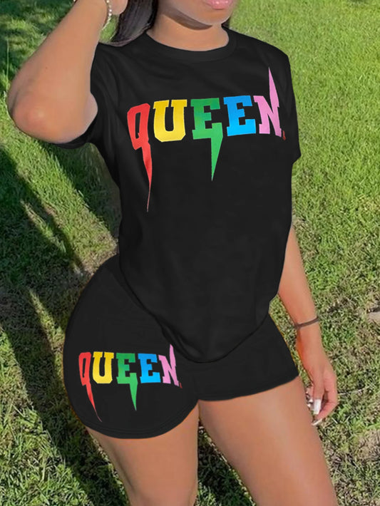 4XL 5XL LW Plus Size Queen Letter Print Shorts Set Summer Women Round Neck T-Shirt And Print Shorts Without Pocket