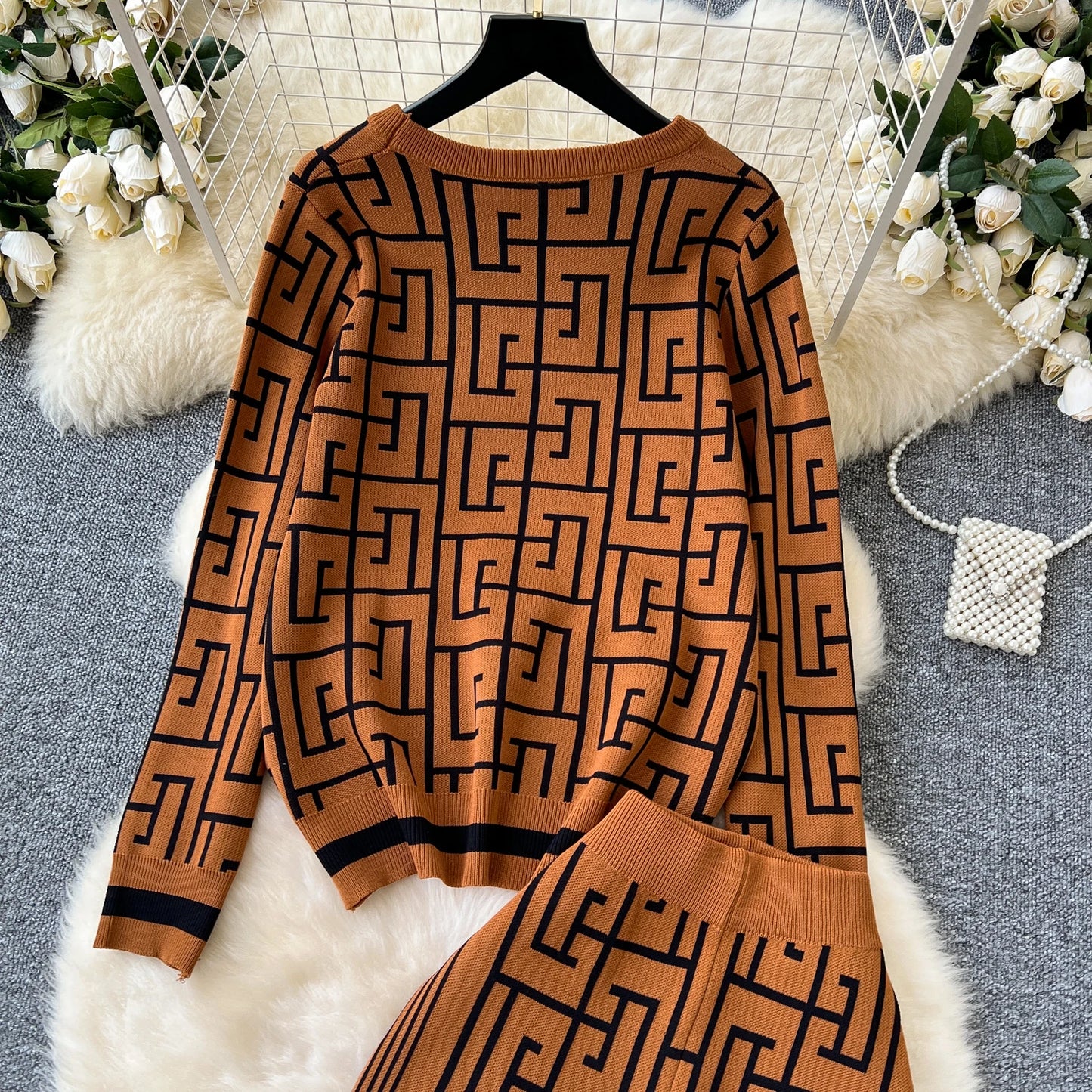 SINGREINY Geometric Maze Print Two Pieces Suits Autumn Winter O Neck Sweater+Long Pants Women Casual Fashion Knitting 2pcs Sets