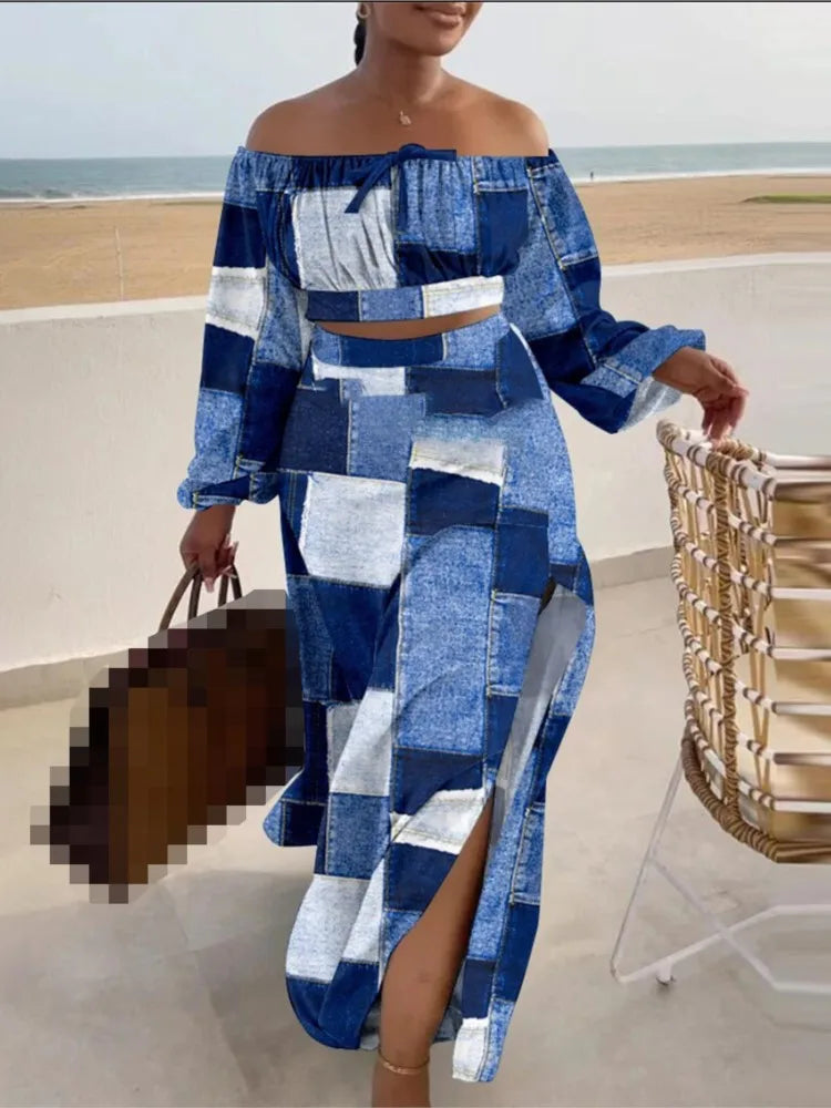 Casual Off Shoulder Suit Sexy Split Printing Loose Long Skirt Two Piece Set For Women Vacation Summer Outfits Vestido Feminino