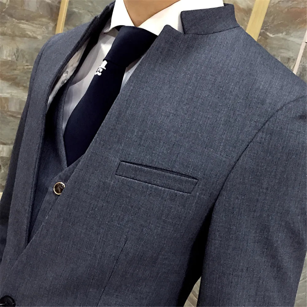 Mens Suit Vest 3 Pieces Business Stand Collar Grey Formal Black Men Suit Pants High Quality