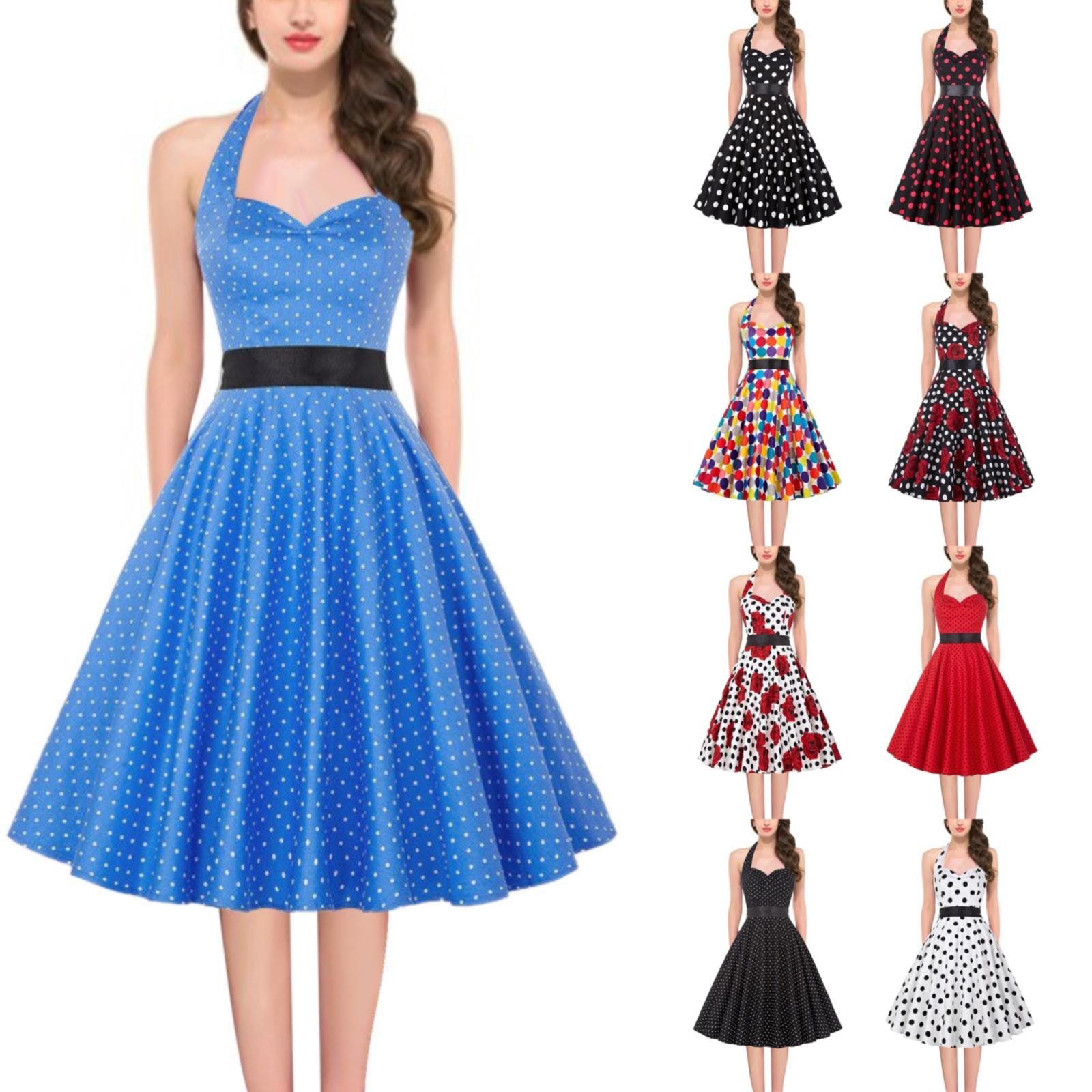 Vintage Polka Dot A-Line Dress Summer Women Sexy Halter Backless Low Cut Party Dress 50s 60s Retro Pin Up Rockabilly Swing Dress