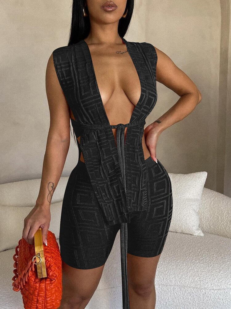 Beyprern Attention On Me Romper Fashion Tie Front Geometric Crop Top And Matching Shorts Two-Piece Set Rave Outfit Sexy Clubwear