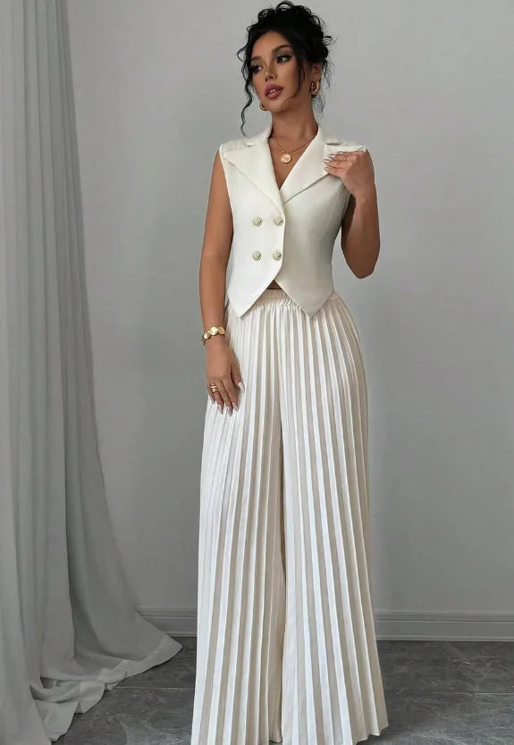 Summer Women's Fashionable Casual Lapel Suit Elegant Commuting Solid Color Sleeveless Top + Trousers Sexy Two-piece Set