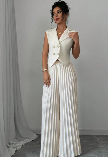 Summer Women's Fashionable Casual Lapel Suit Elegant Commuting Solid Color Sleeveless Top + Trousers Sexy Two-piece Set