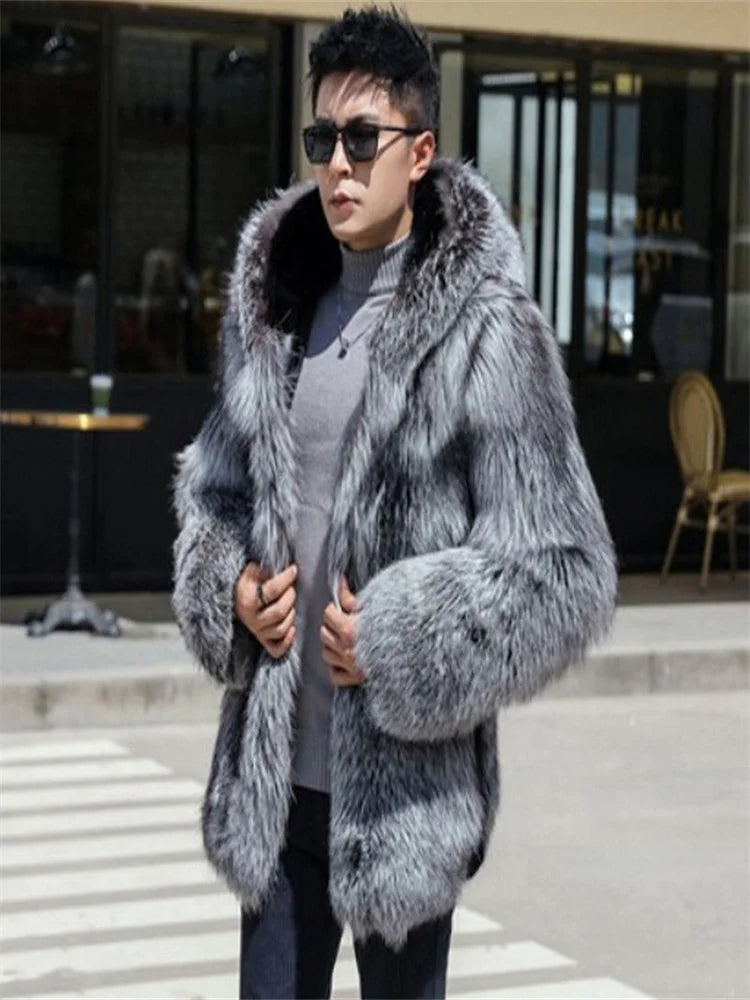 S-6XL Size Fashion Men Jacket Winter Warm Hooded Faux Fox Fur Mink Men's Coat Silver Outdoor Sports Wear Casual Short Parkas