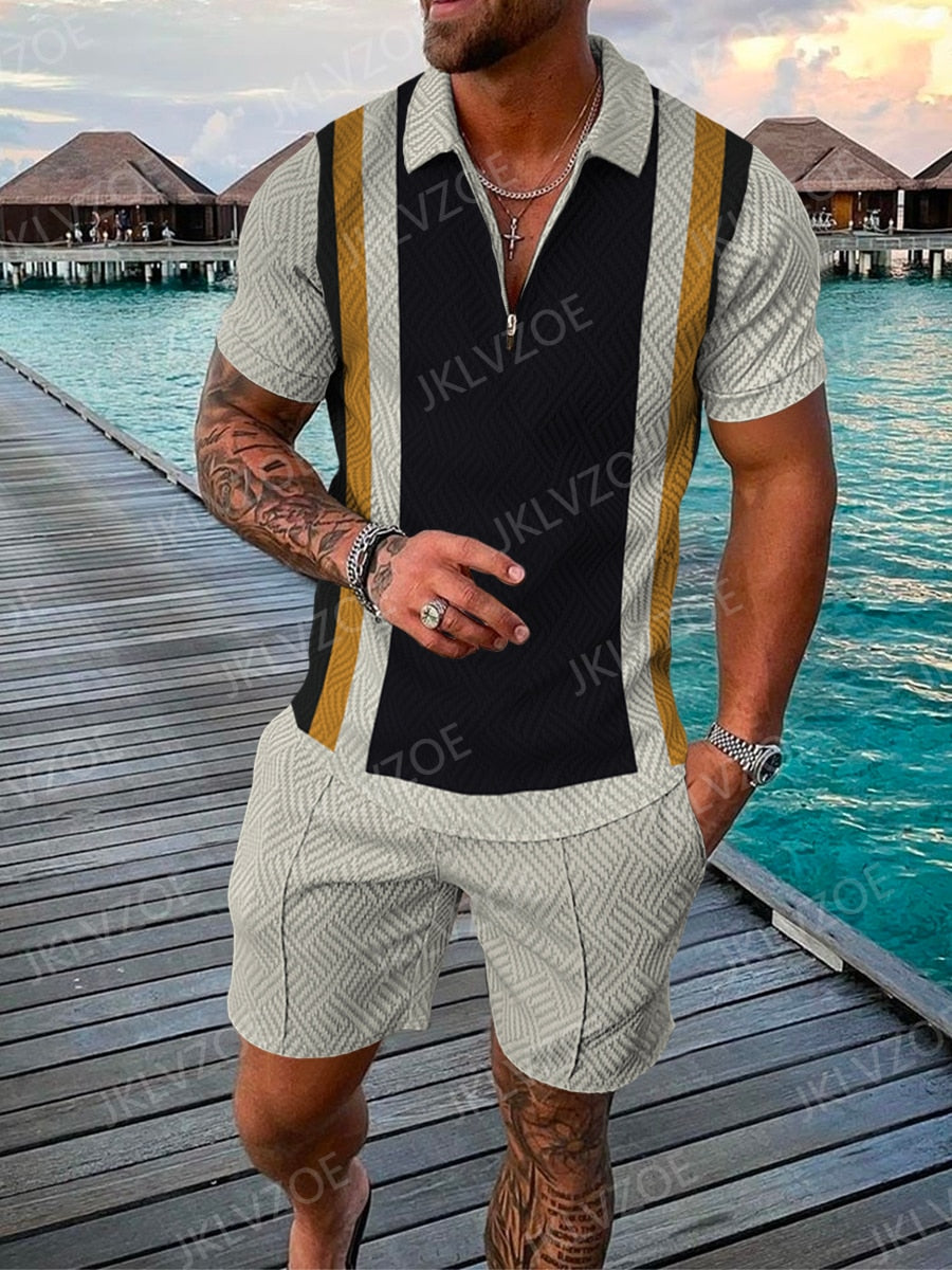 Men&#39;s Summer Luxury Polo Shirt Shorts Suit Fashion Trend Tracksuit 2 Pieces Vintage Chain Print Outfit Set Male Casual Clothing