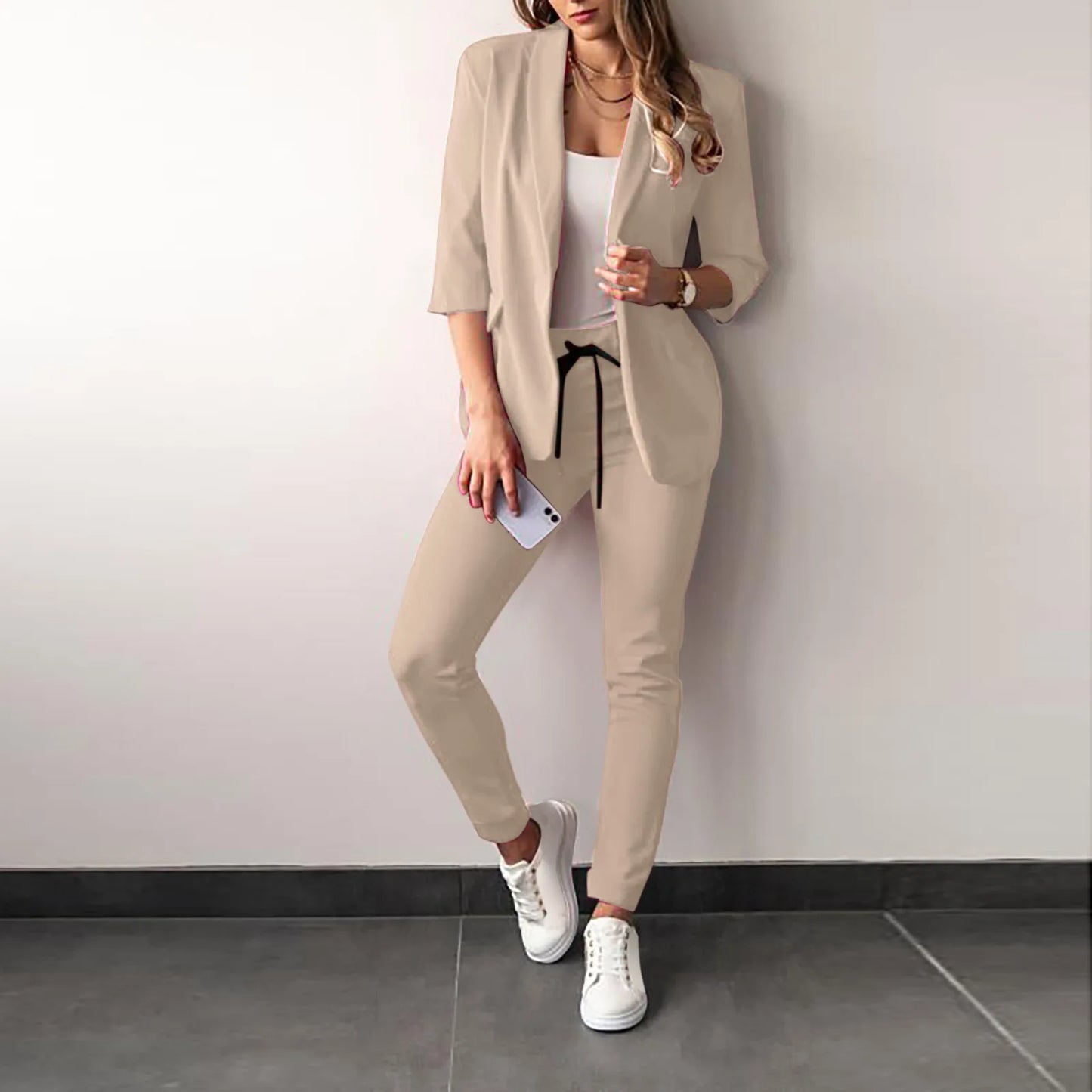 Women's Monochrome Casual Business Suit Temperament Commuting Pants Drawstring Elastic Waist Fashion Slit Suit Two-piece Set