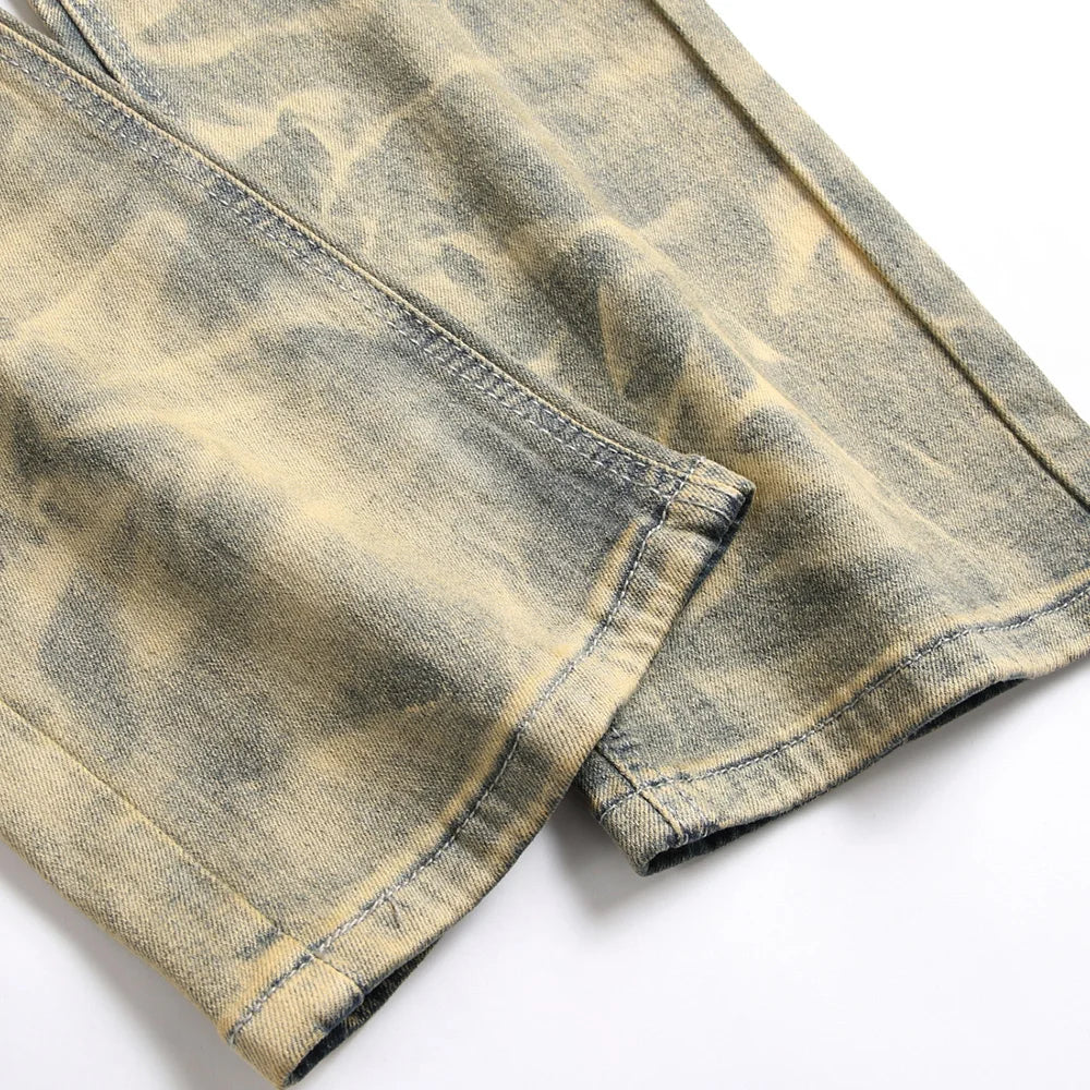 Men Desert Camouflage Denim Jeans Holes Ripped Distressed Stretch Pants Patchwork Spliced Straight Trousers