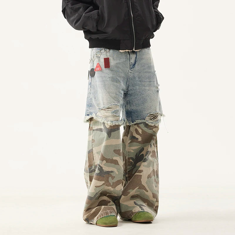 PFNW Niche Design Men's Jeans Washed Distressed Colorblock Splic Fake Two Piece Loose Straight Trousers Wide Leg Pants 28W5474