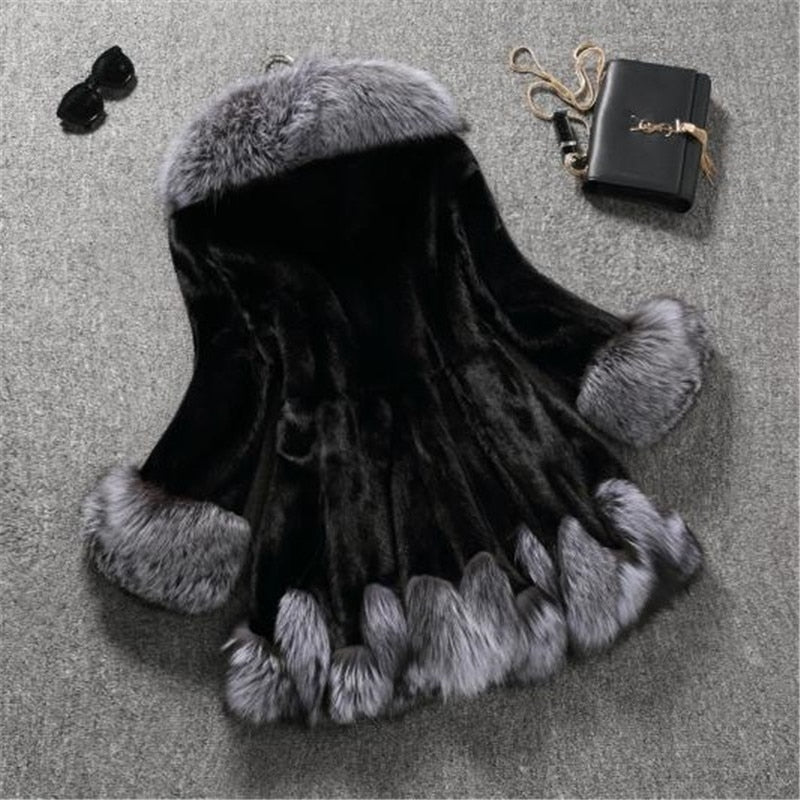 Faux Fur Coat Women's Autumn and Winter Mink Fur Coat Fox Collar Hooded Jacket Top Fur Women's Christmas Dress Autumn and Winter