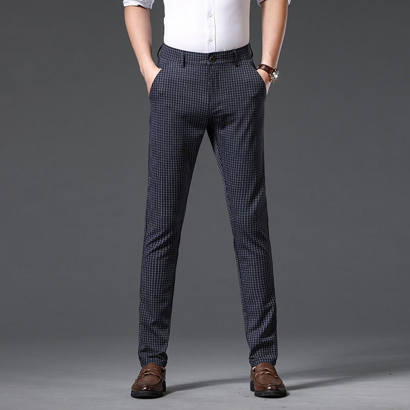 2023 Clothing Spring Summer Plaid Pants Men Business Red Khaki Grey Suit Pant Slim Classic Wedding Formal Trousers Male