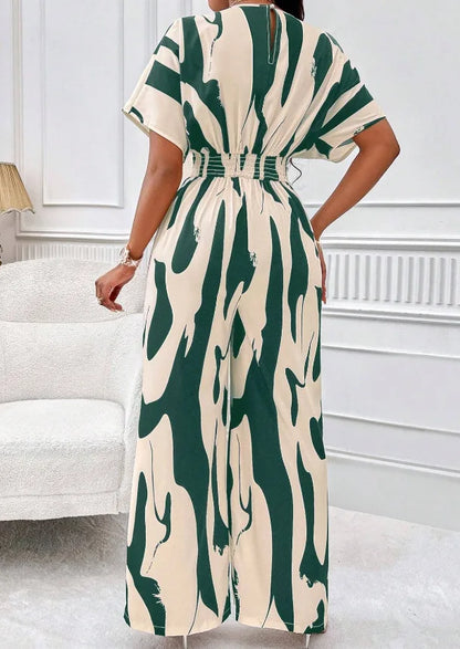Women Wide Leg Jumpsuit Spring Summer Fashion V Neck Short Sleeve High Waist Full Body Printed Jumpsuits Casual One Pieces