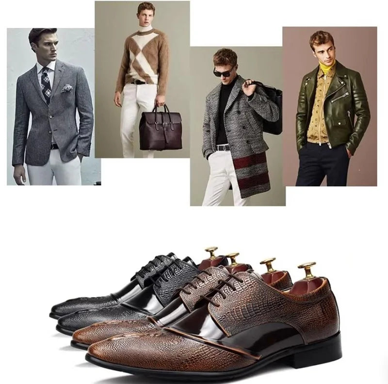 Elegante Herren-Lederschuhe, spitze Zehenpartie, Schnürung, Krokodilmusterprägung, Echtleder, formelle Schuhe, Hochzeitsschuhe, Gesellschaftsschuhe
