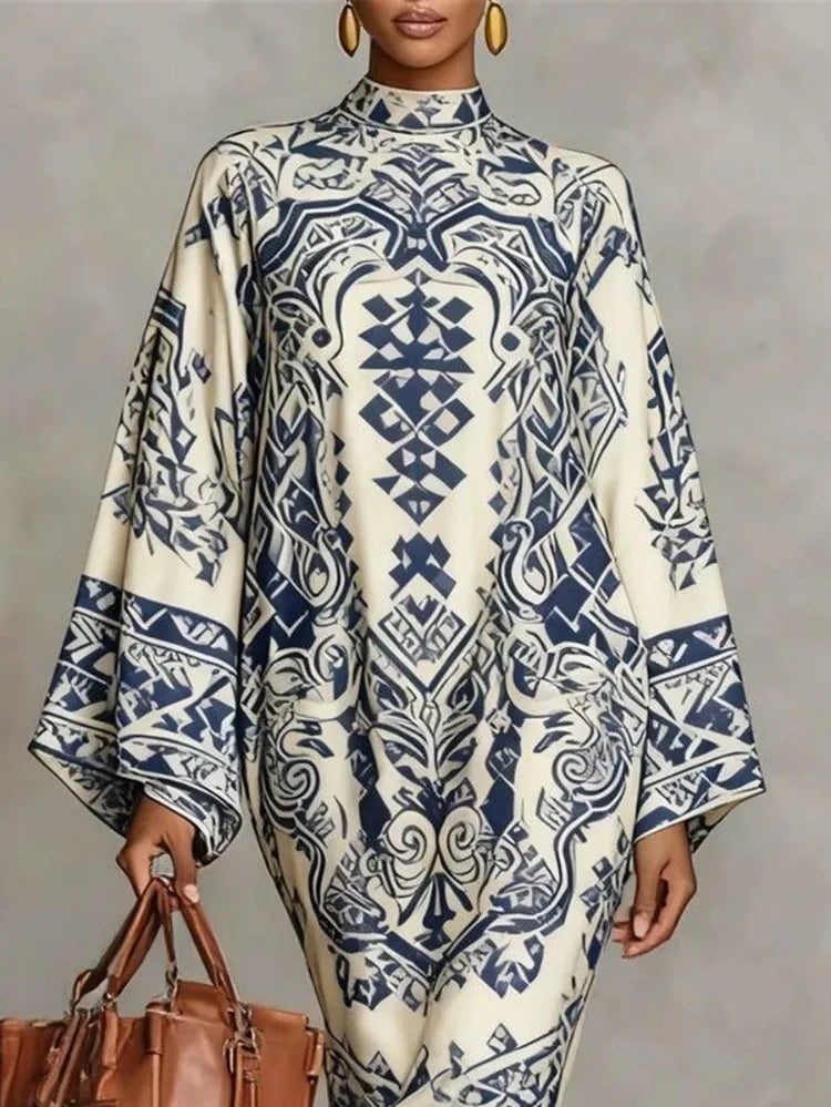 UOOZEE 2026 New Women Vintage Tribal Printed High Neck Party Dress Batwing Sleeves Loose Elegant Evening Church Mini Dresses