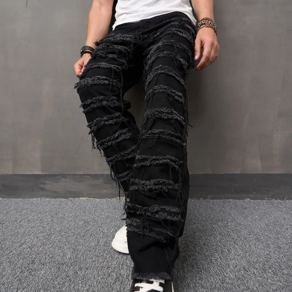 Men's stacked Spliced Jeans Hip Hop Straight Denim Trousers Men Biker Jeans Streetwear Loose Male Motorcycle Denim Pants