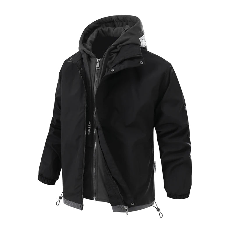 Autumn Winter Men's Bomber Jackets Fashion Men Mock Two-piece Hooded Cardigan Coats Men Windbreaker Loose Baseball Jackets 4XL