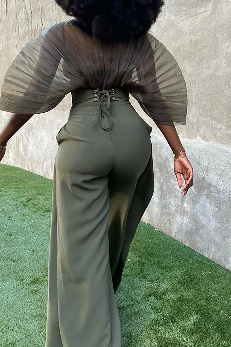 Plus Size Army Green Work Mesh Plain Tulle See-though Puff Sleeve Two Piece Pant Sets Office Lady Elegant Matching Set Outfit