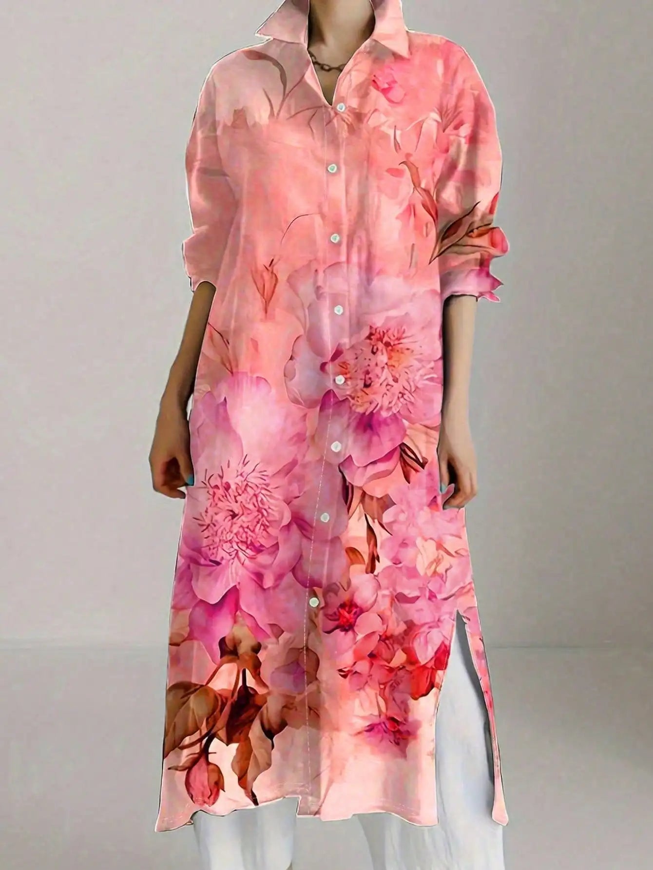 Plus Size Women's Vintage Chic Floral Print Long Sleeve Shirt Dress