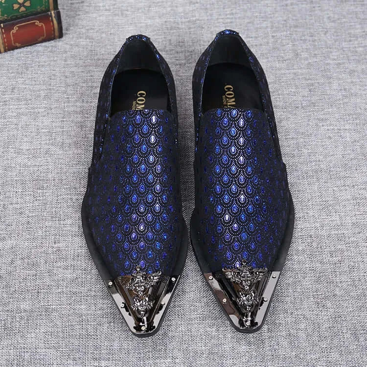 2024 Western Mode Spitz Zehen Metall Abendkleid Schuhe Blau Grau Party Hochzeit Lederschuhe für Herren