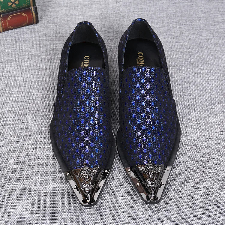 2025 Western Fashion Pointed Metal Toe Dress Shoes Blue Grey Party Wedding Leather Shoes for Men