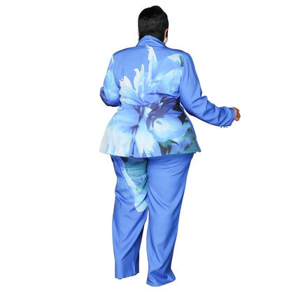 CM.YAYA Plus Size Women's Set Long Sleeve Floral Print Blazer +Wide Leg Pants Suit  Fall Two 2 Piece Set Outfits Tracksuit