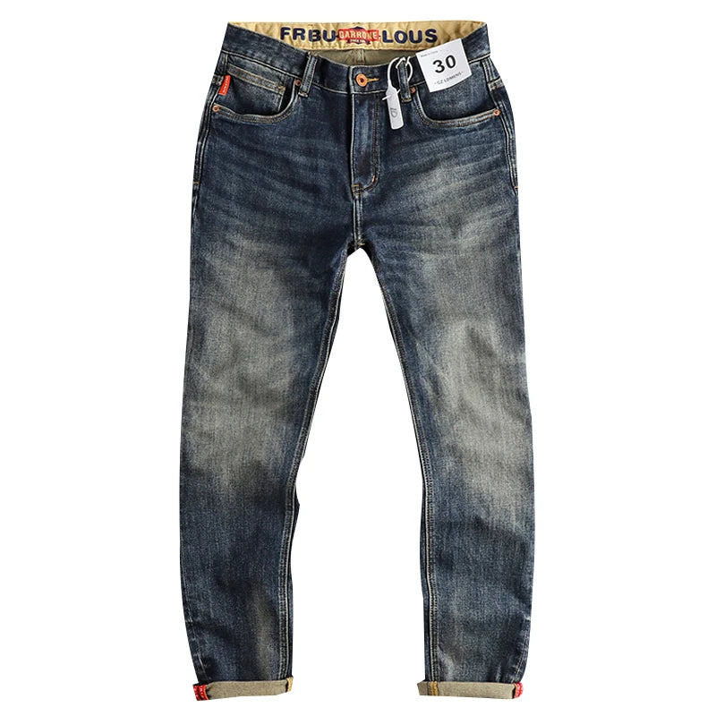 Waist Printed Retro Denim Jeans Men Clothes Cargo Pants Washed Distressed Trousers Roll Up Fashion Casual Wear Straight Oversize