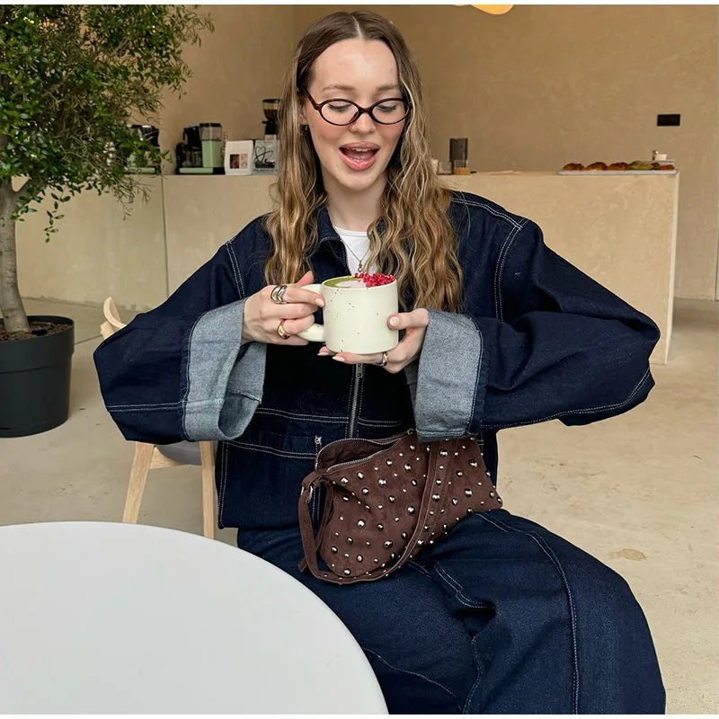 Fashion Denim Jacket Set Women Lapel Single Breasted Long Sleeve Coat Straight Jeans Pants 2025 Spring Lady  High Street Outfits