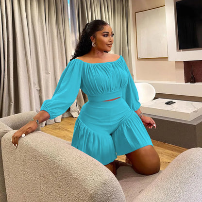 CM.YAYA Plus Size Women's Set Long Sleeve Slash Neck T-Shirt and Shorts  Summer Ruched Two 2 Piece Set Outfits Tracksuit