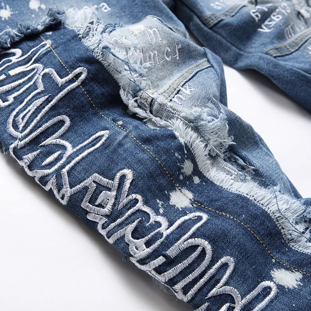 Men Letters Embroidery Stretch Denim Jeans Streetwear Holes Ripped Distressed Pants Fringe Patch Trousers