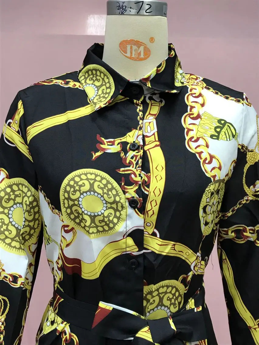 2024 Autumn New Women's Dress Fashionable Sexy Gold Chain Slim Fit Printed Single Breasted Lace Up Waist Cinching Short Skirt