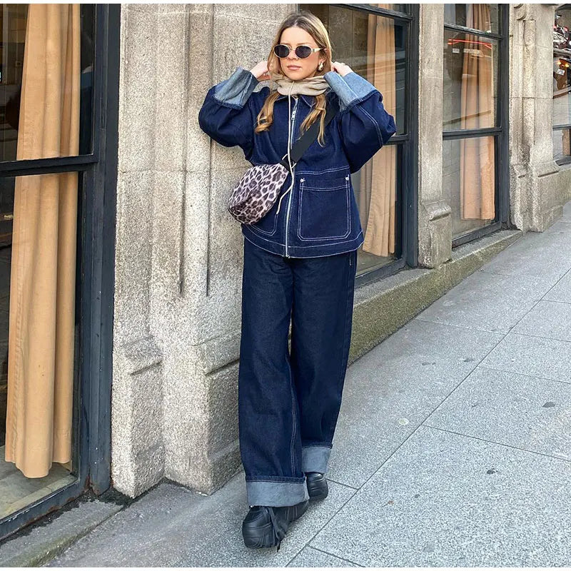 Fashion Denim Jacket Set Women Lapel Single Breasted Long Sleeve Coat Straight Jeans Pants 2025 Spring Lady  High Street Outfits