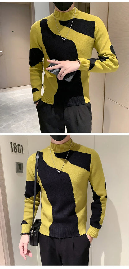Autumn/Winter Colored Half Turtleneck Sweater Men Long Sleeve Slim Fit Casual Pullover Social Underlying Knitwear Tops