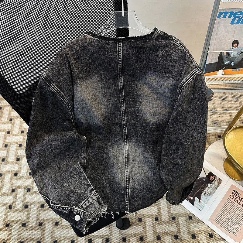 Men's Fringed Denim Set 2026 Spring New American Retro Washed Shoulder Padded Zipper Jacket Splicing Jeans Two Pieces Sets